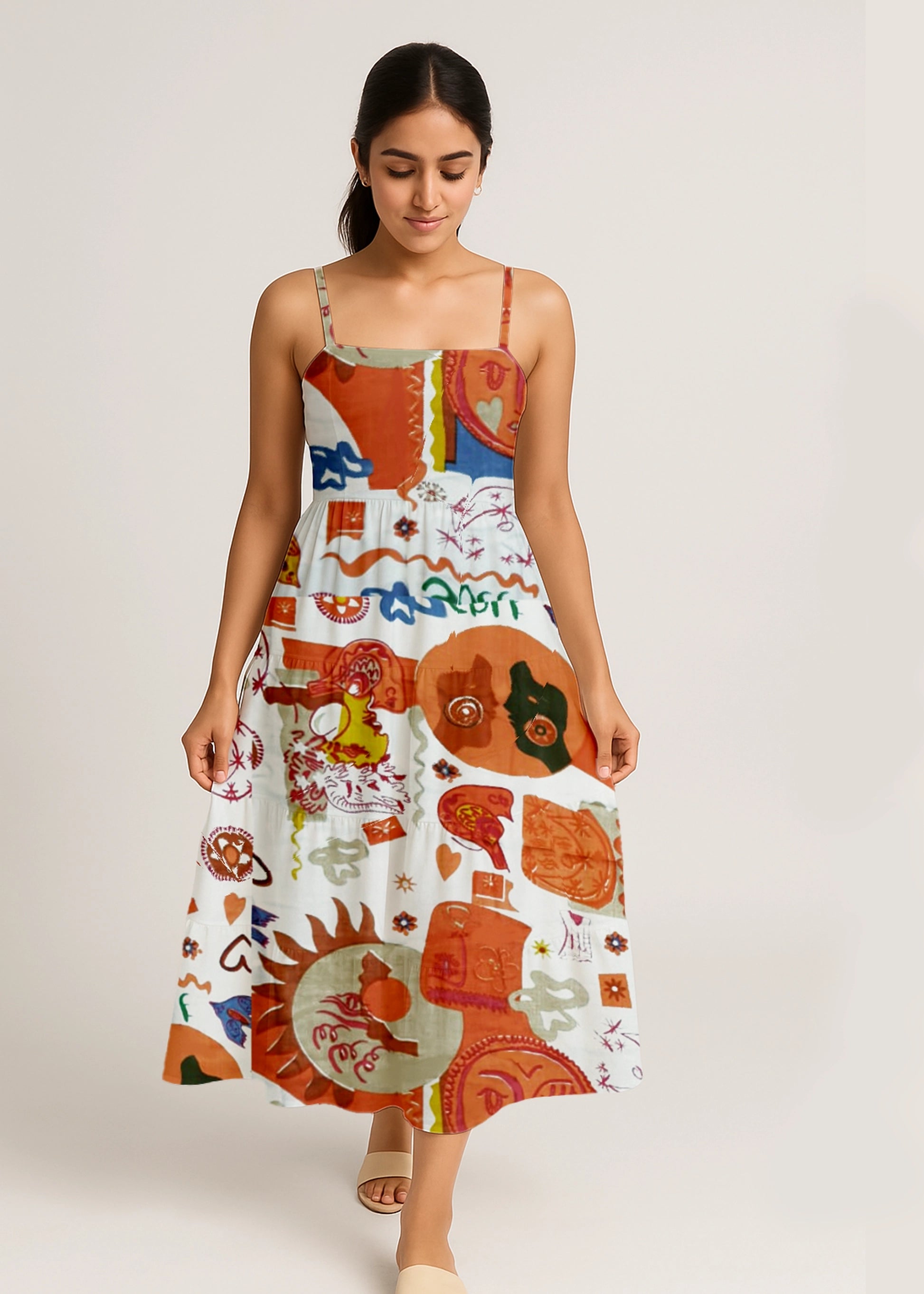 Boho-Multicolor Abstract Print Midi Dress