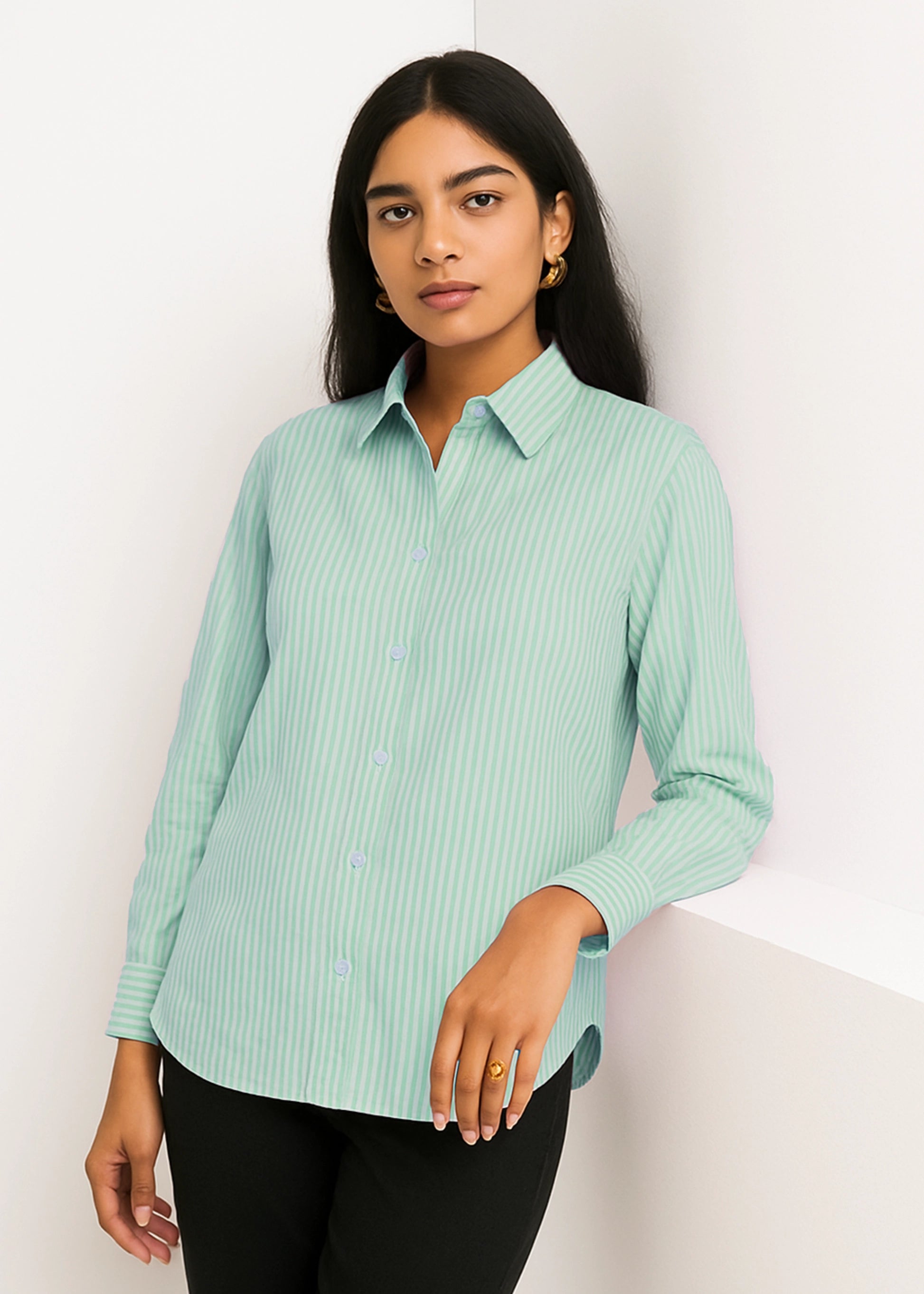 Mint green with white vertical stripes Shirt