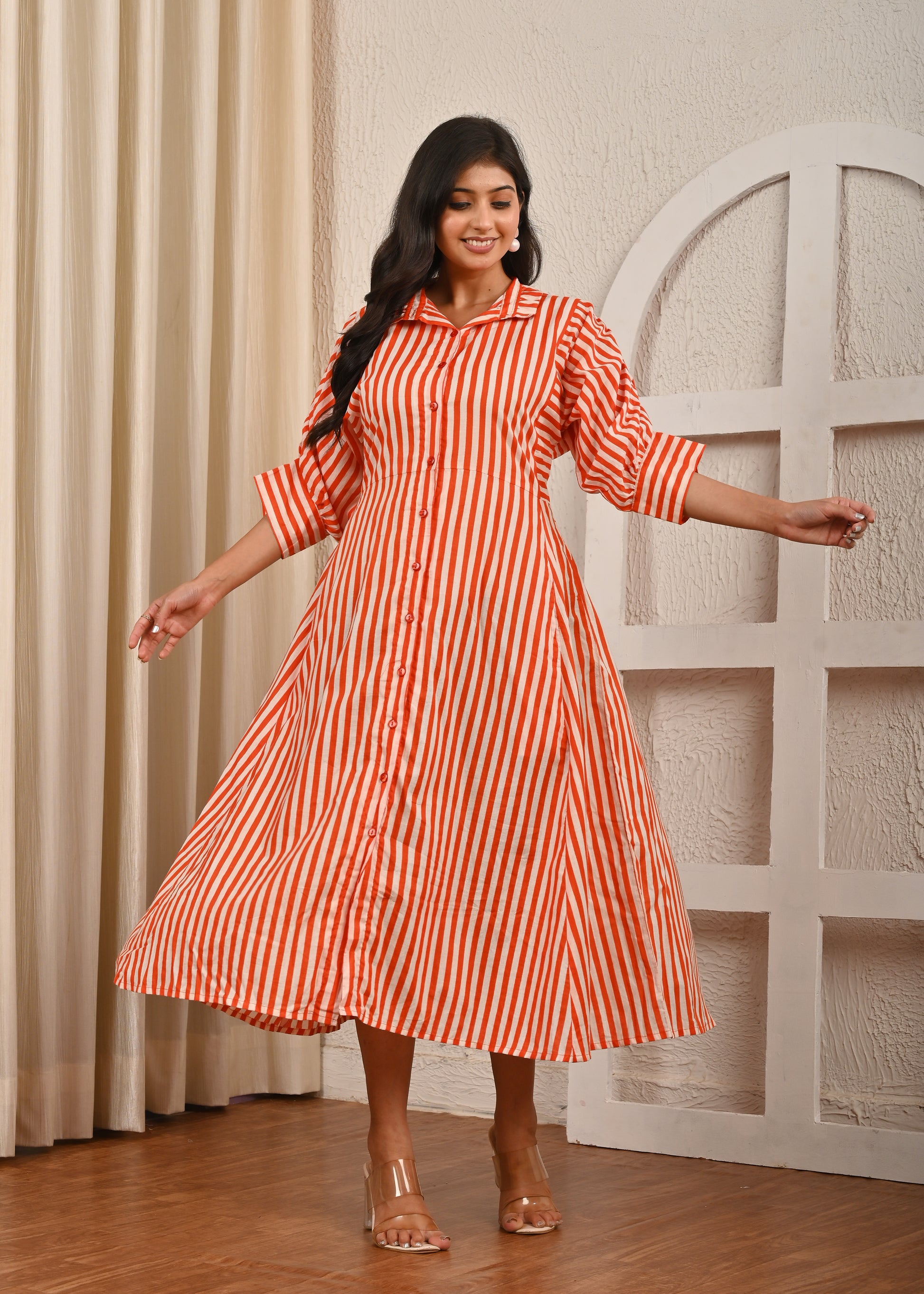 Orange & White Striped Midi Dress