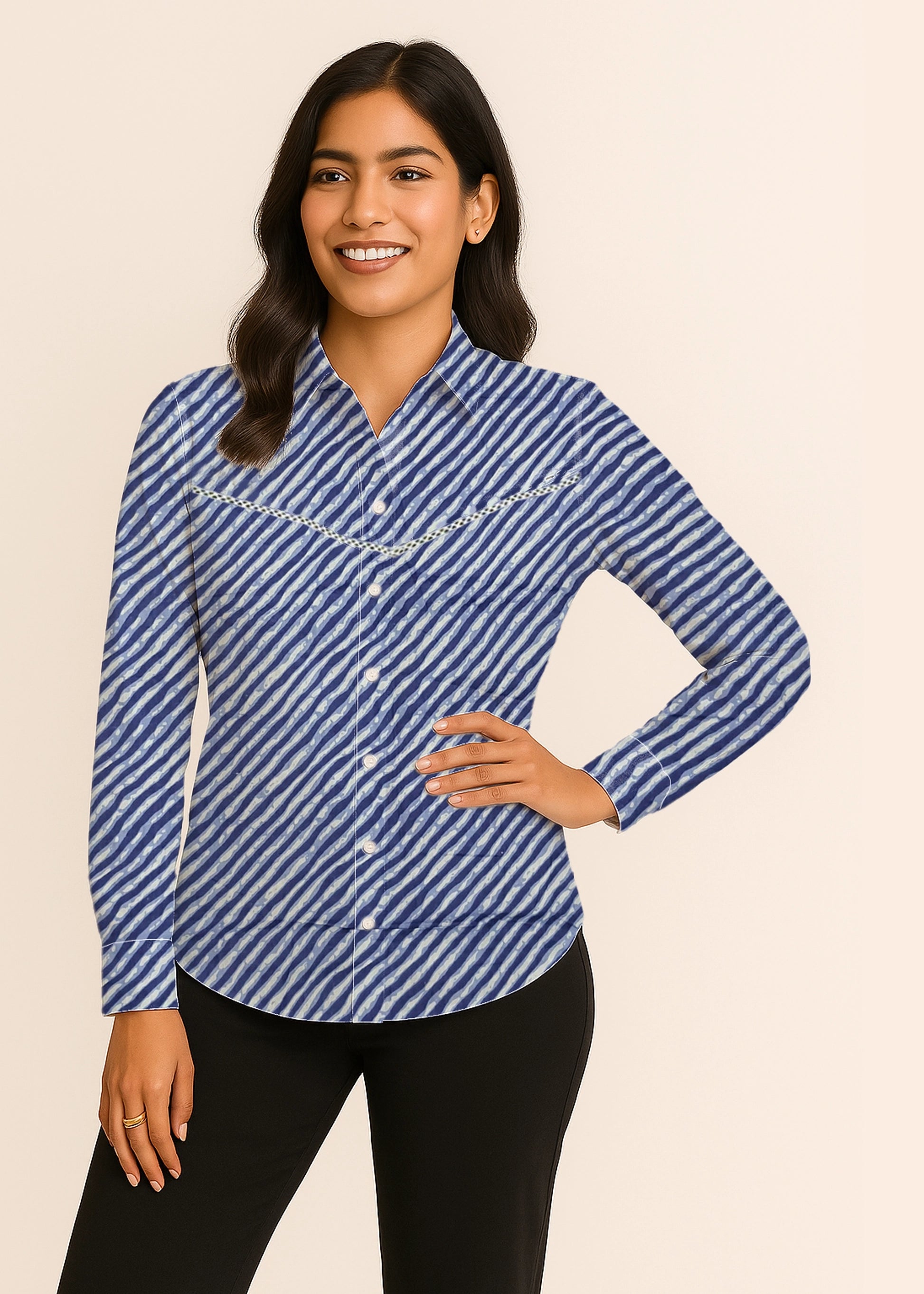 Blue Leheriya Front Yoke Lace Cotton Shirt