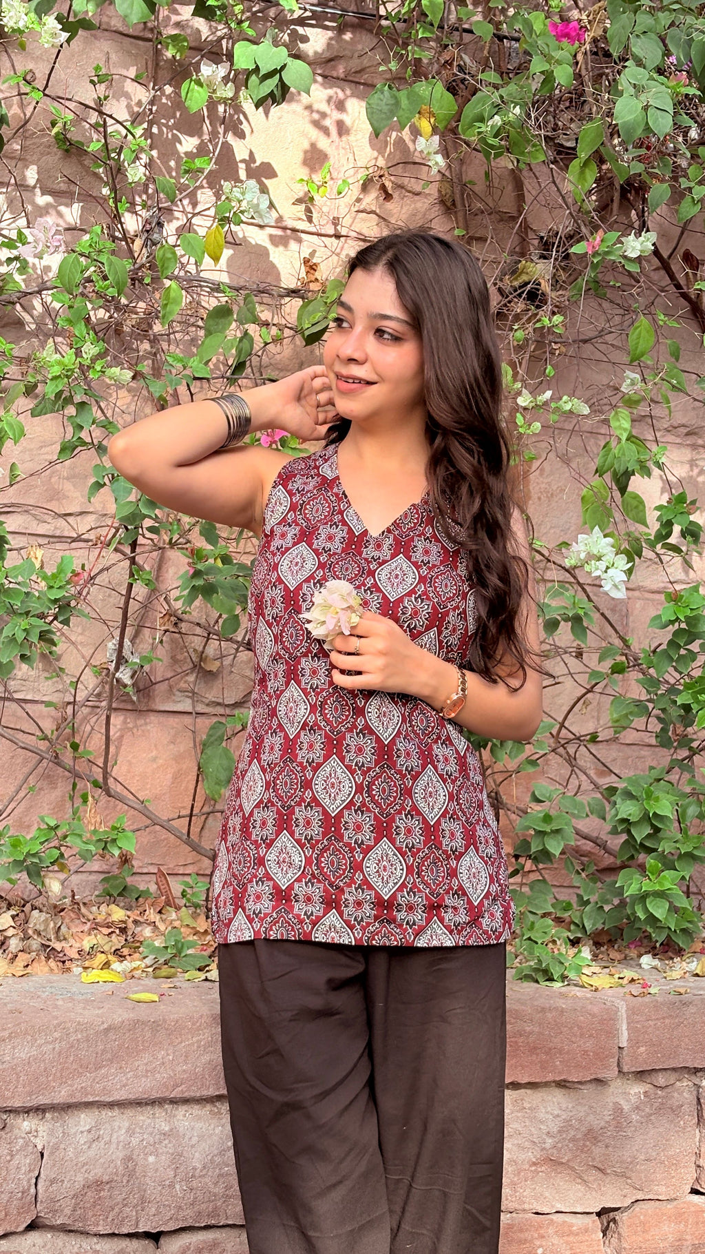 Maroon Ajrakh Halter Neck Short Kurti