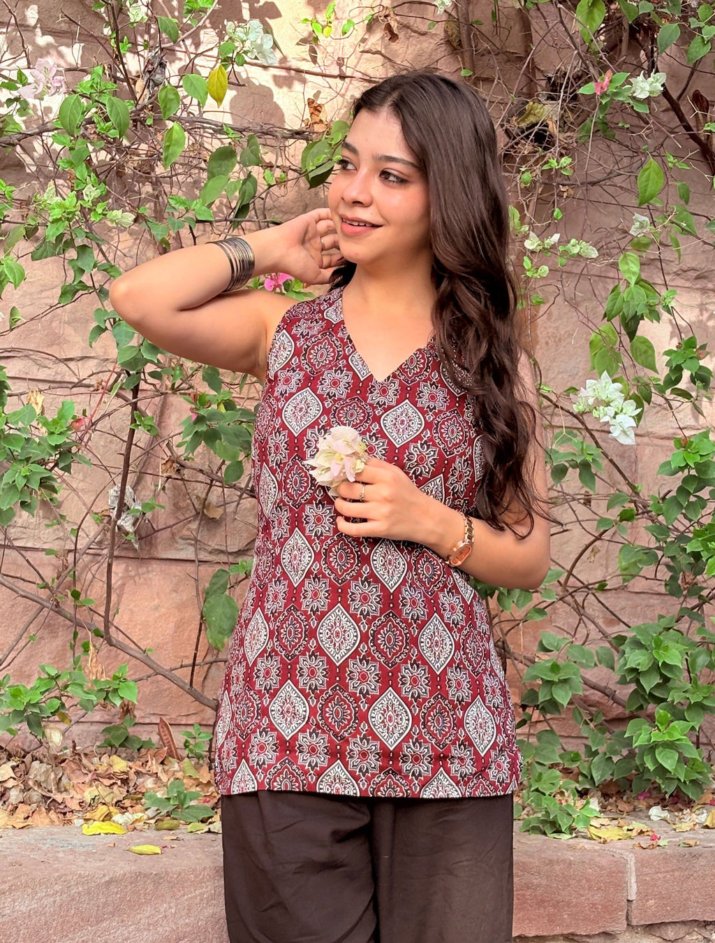 Maroon Ajrakh Halter Neck Short Kurti