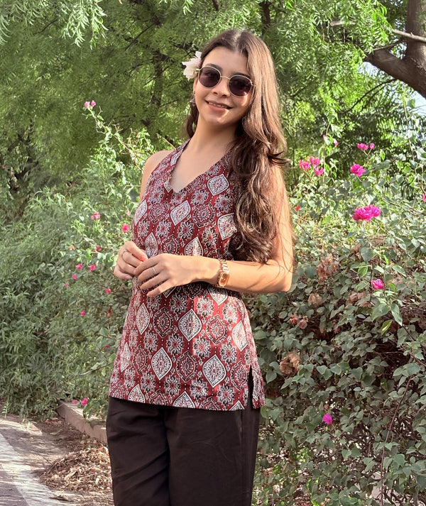 Maroon Ajrakh Halter Neck Short Kurti