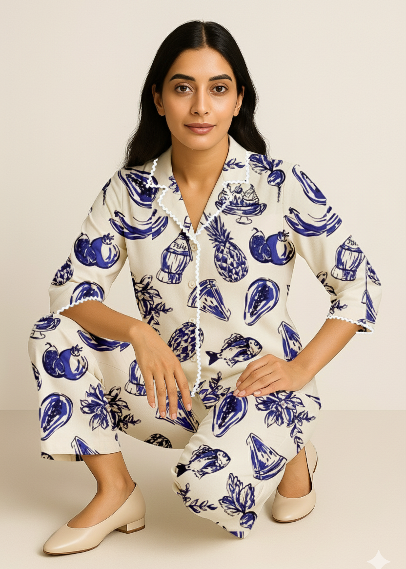 Woman wearing a white outfit with blue floral patterns on a beige background