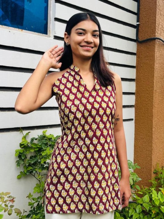 Maroon Mandarin Collar Cotton Kurti