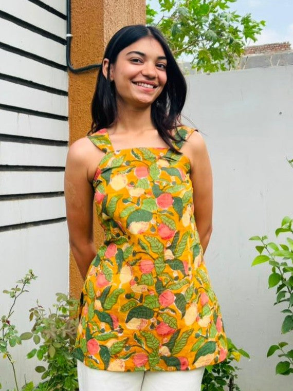 Mustard Block Print Cotton Short Kurti