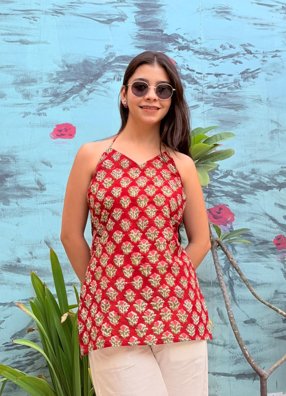 Block Print Halter Neck Short Kurti