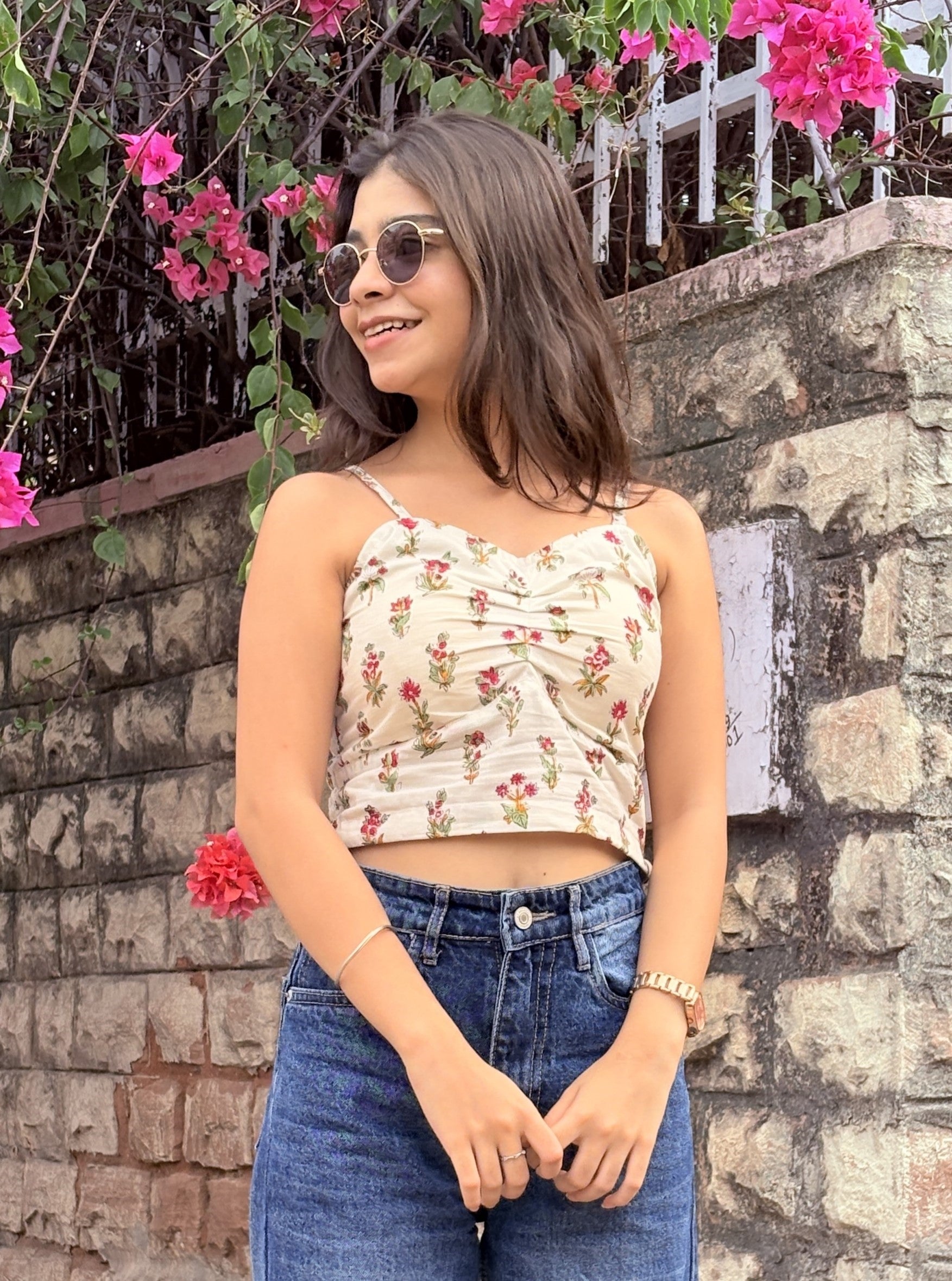 Block Print Padded  White Crop Top