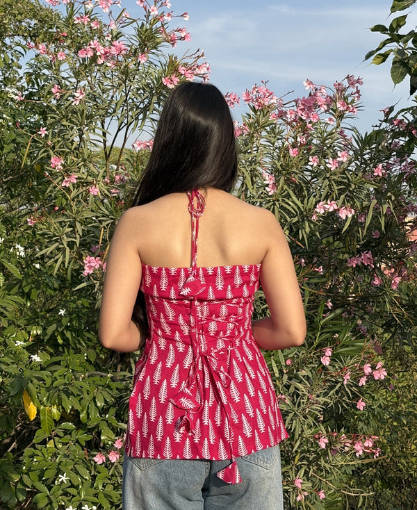 Pink Botanical Print Halter Neck Kurti