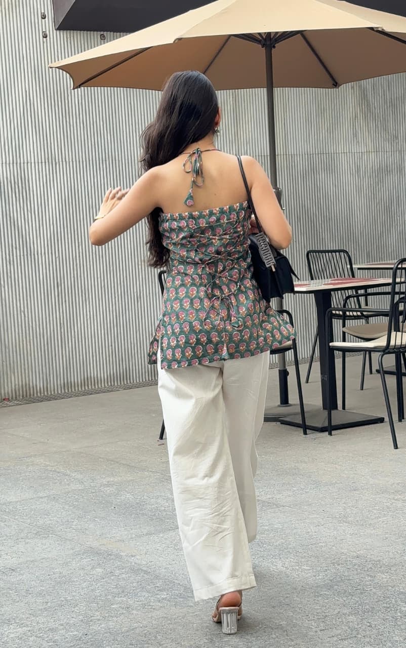 Green Block Print Halter Neck Short Kurti
