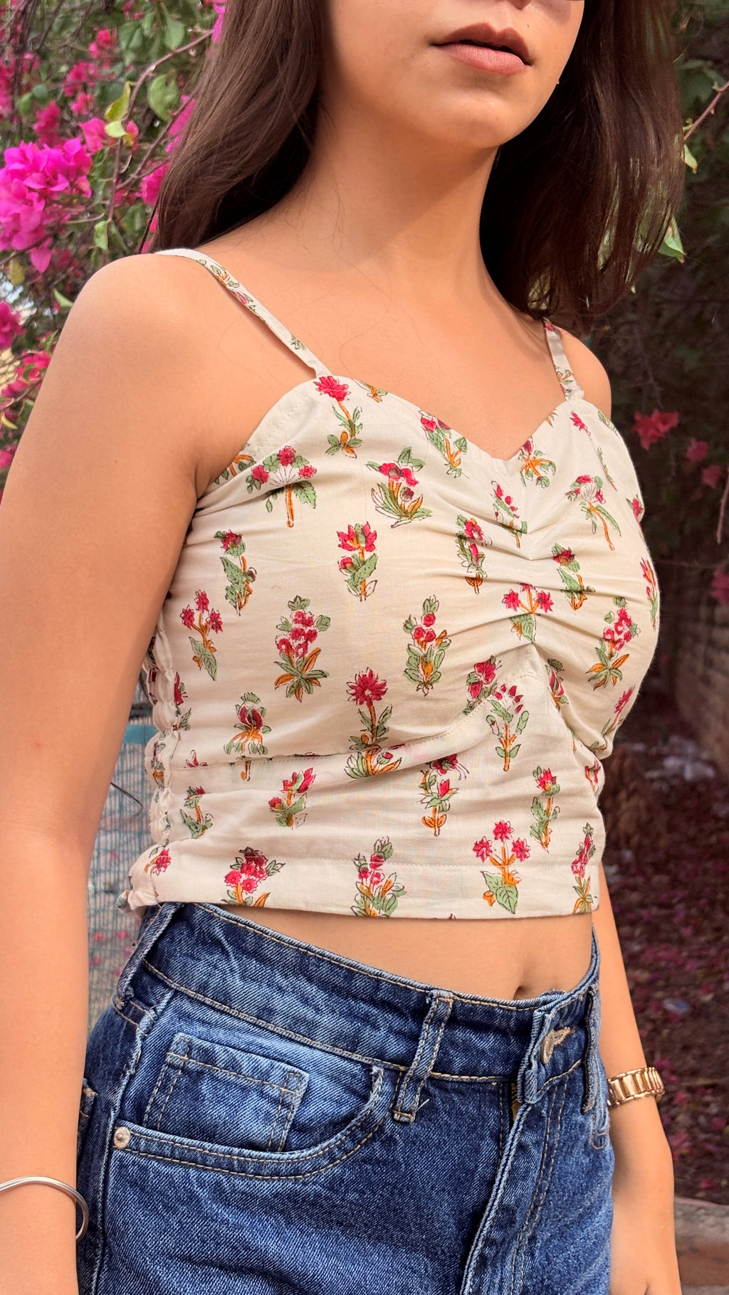 Block Print Padded  White Crop Top