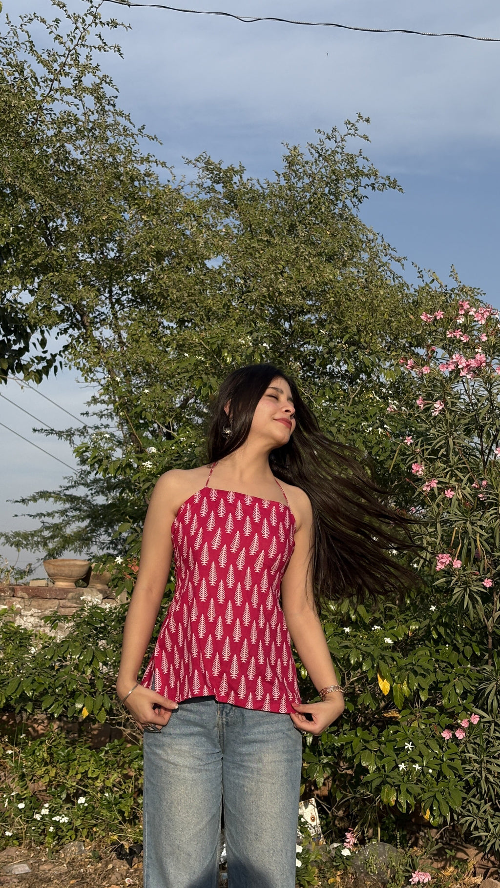 Pink Botanical Print Halter Neck Kurti