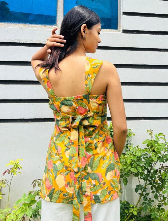 Mustard Block Print Cotton Short Kurti