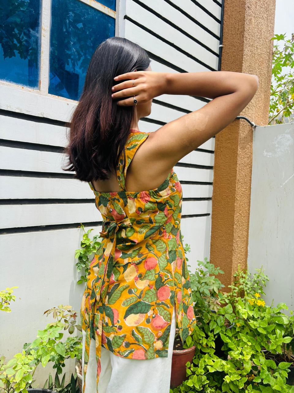 Mustard Block Print Cotton Short Kurti