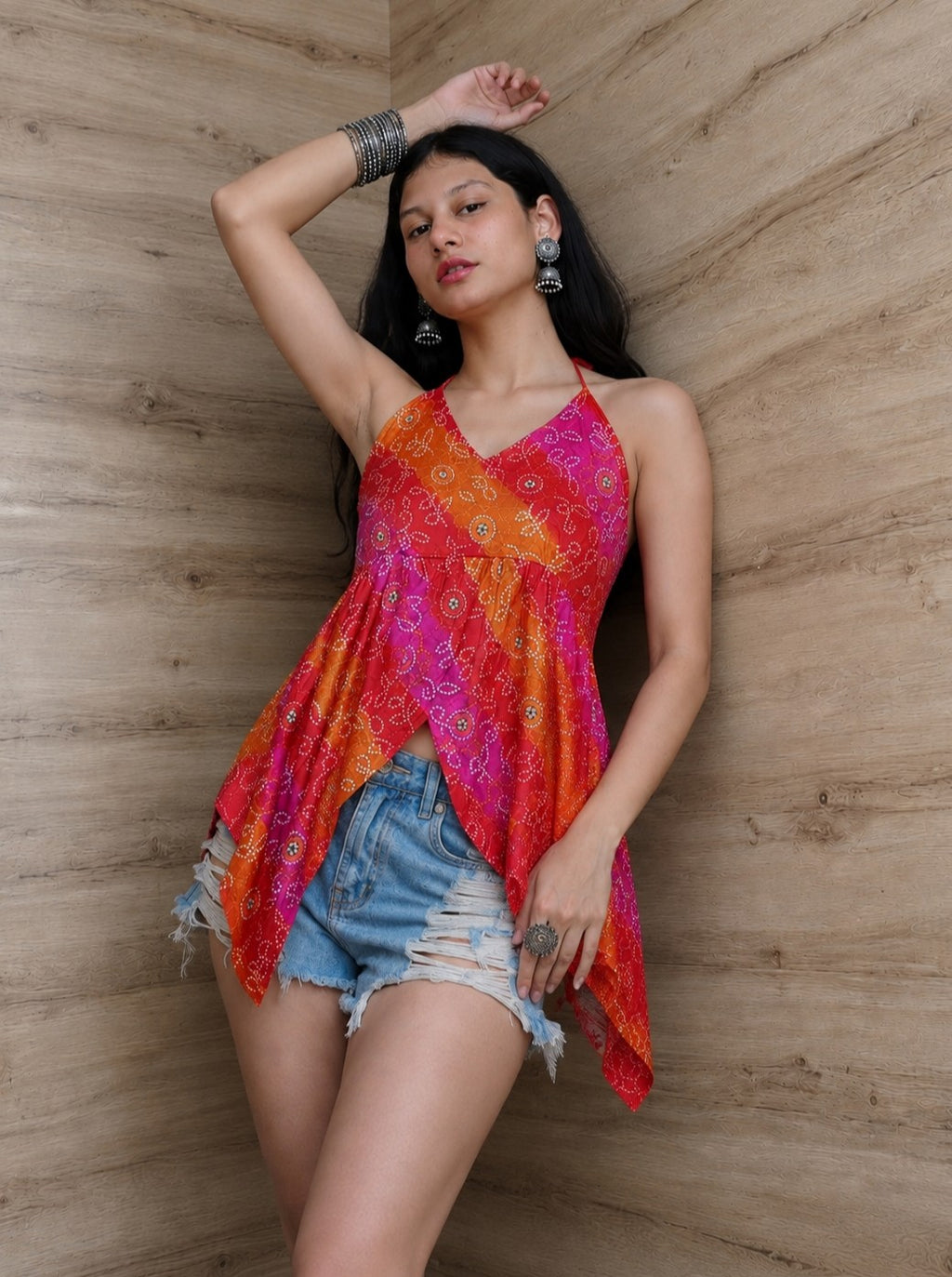 Bandhani Halter Neck Backless Kurti