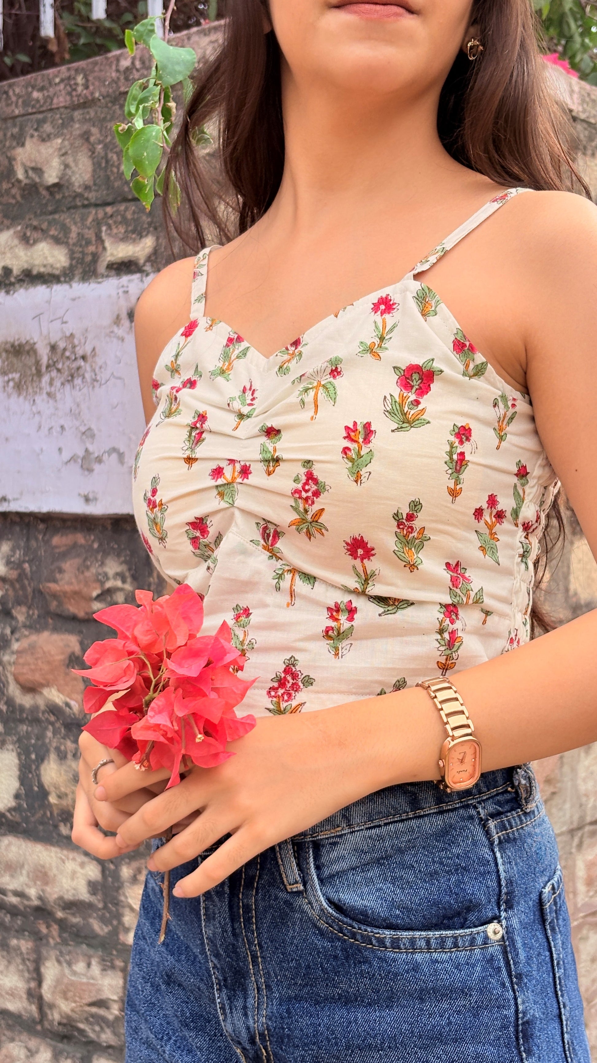 Block Print Padded  White Crop Top