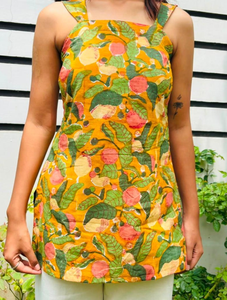 Mustard Block Print Cotton Short Kurti