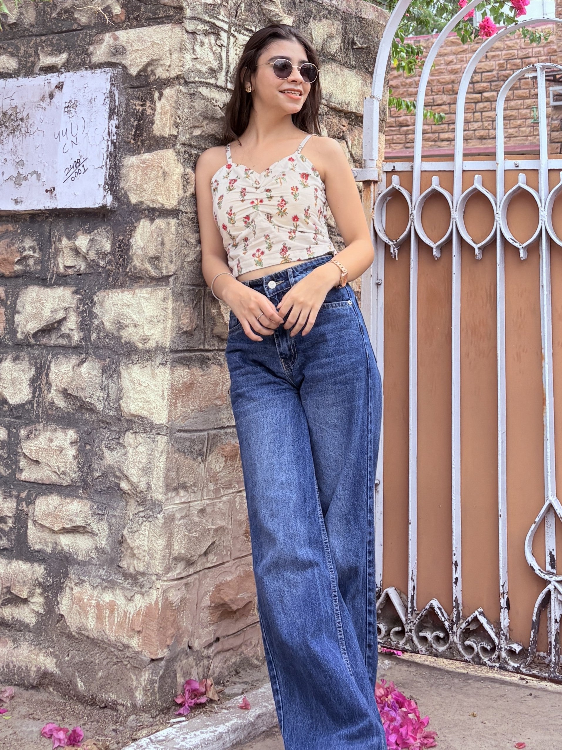 Block Print Padded  White Crop Top