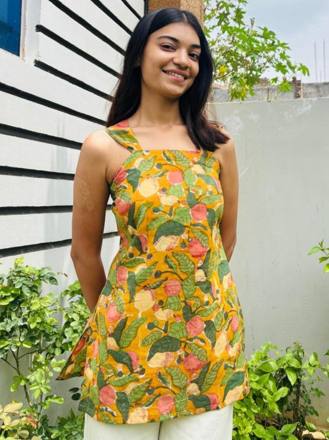 Mustard Block Print Cotton Short Kurti