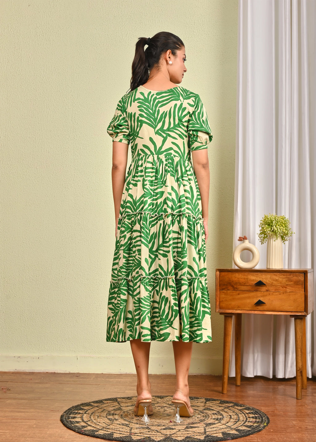 Swinging Green Leaf Print Tiered Dress