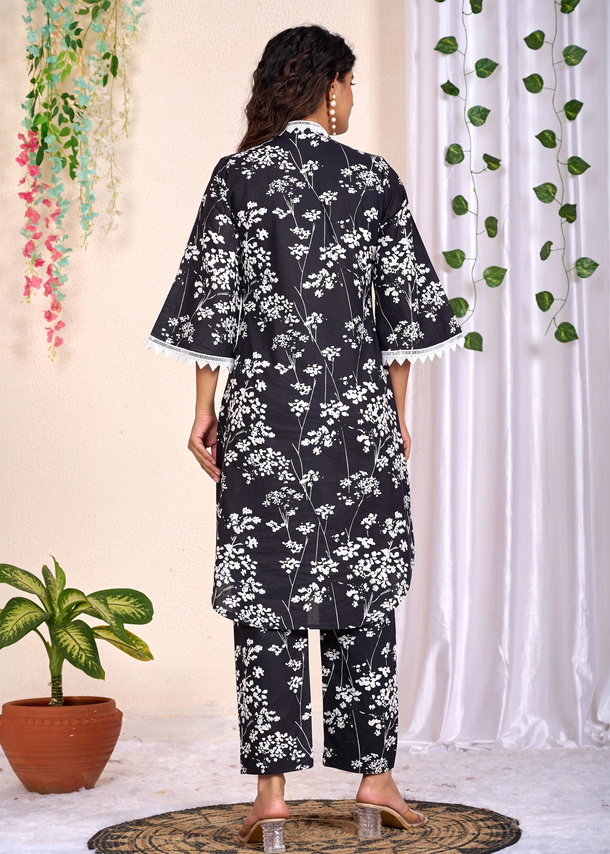 Black Floral Printed Cotton Kurta Set