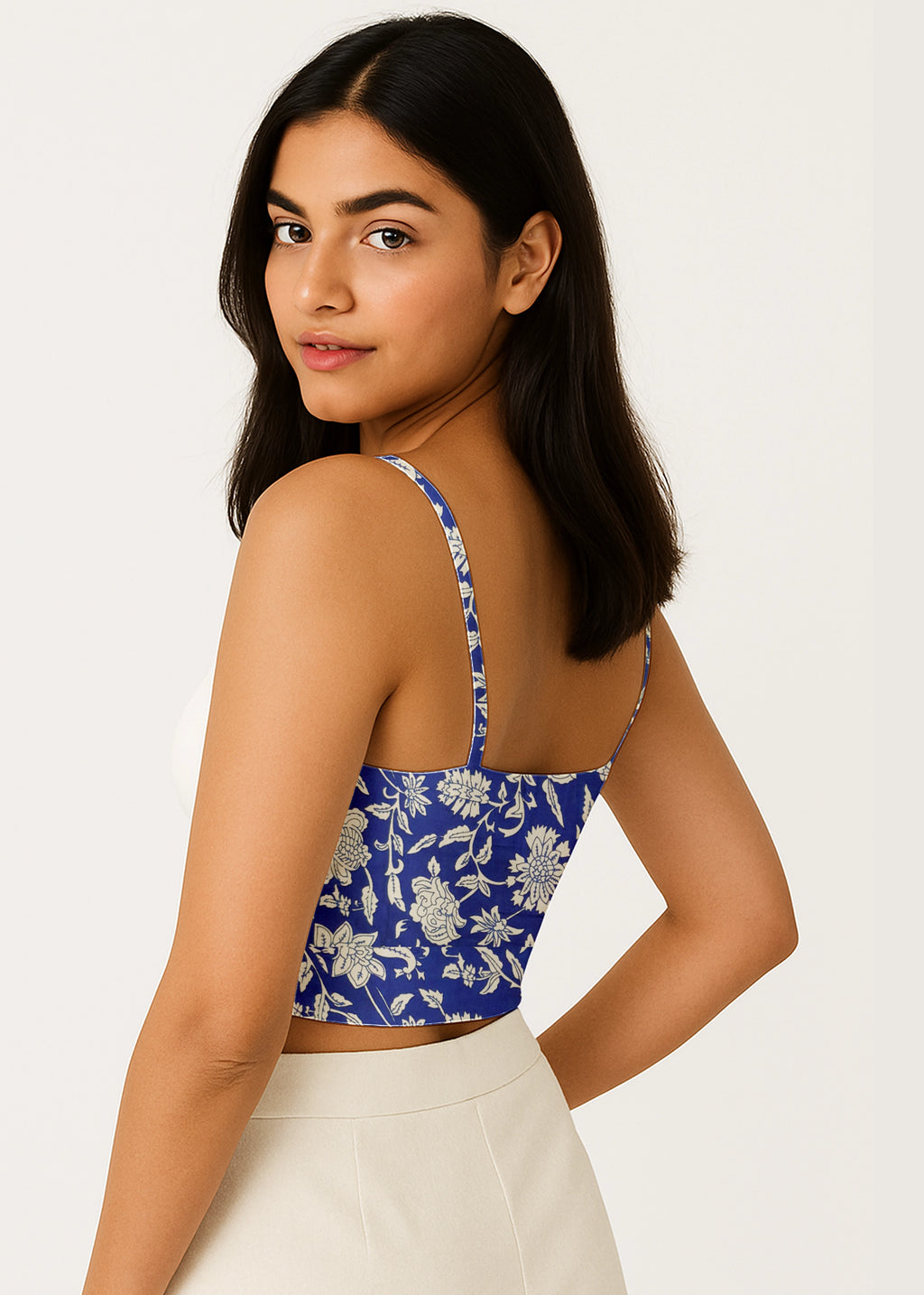 Indigo Blue Floral Print Cotton Crop Top