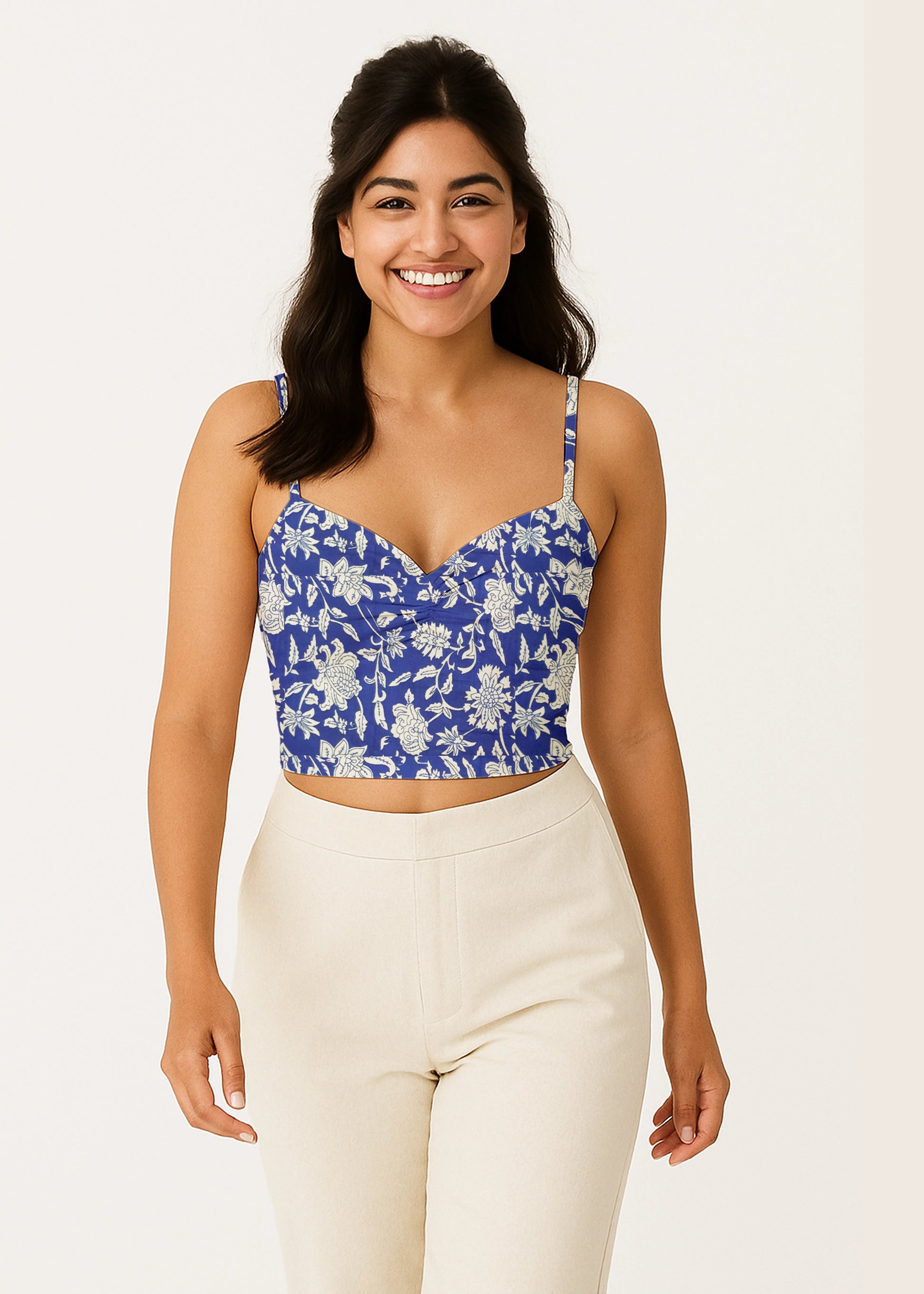 Indigo Blue Floral Print Cotton Crop Top