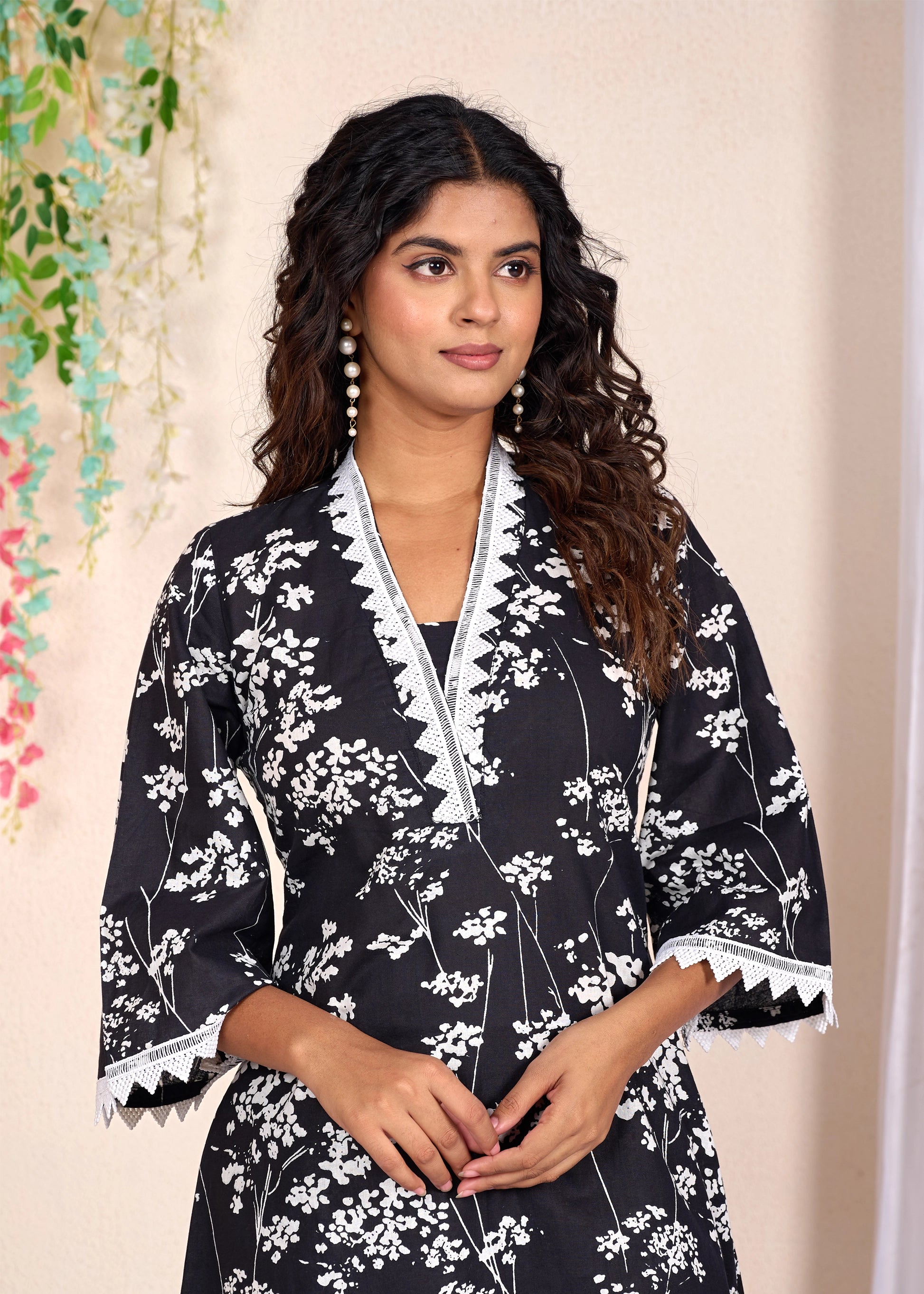 Black Floral Printed Cotton Kurta Set