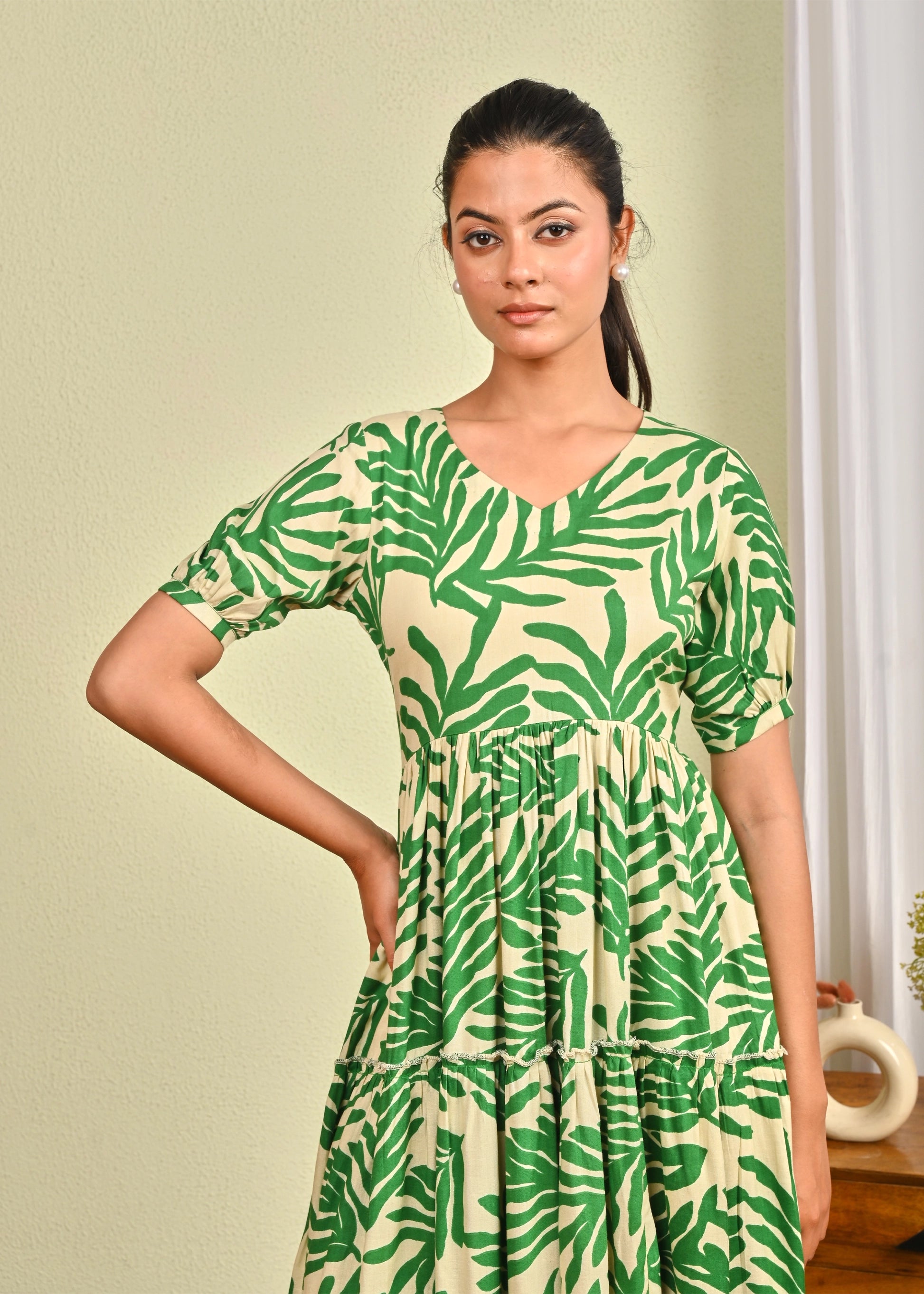 Swinging Green Leaf Print Tiered Dress