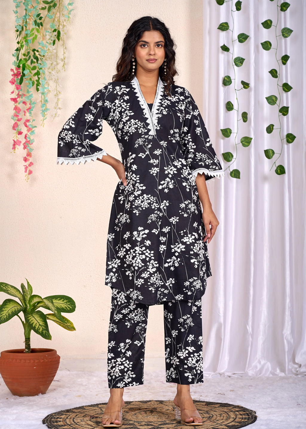 Black Floral Printed Cotton Kurta Set