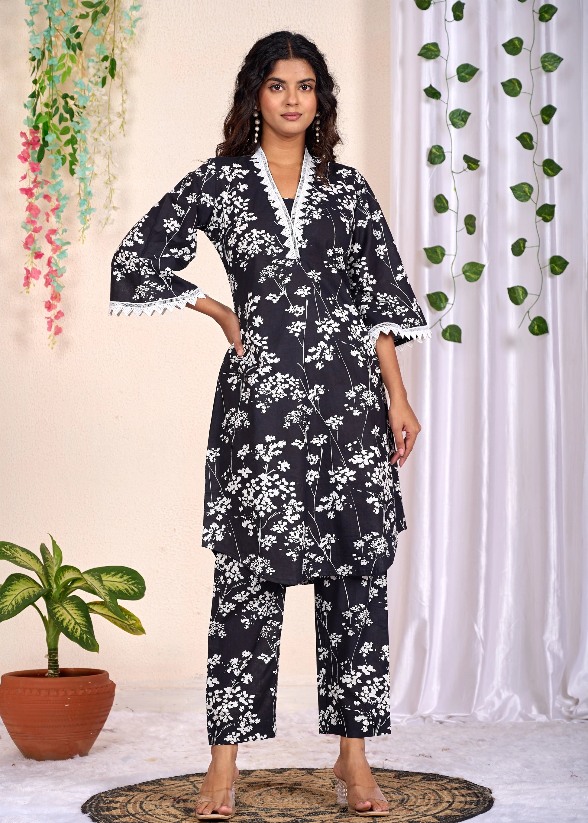 Black Floral Printed Cotton Kurta Set