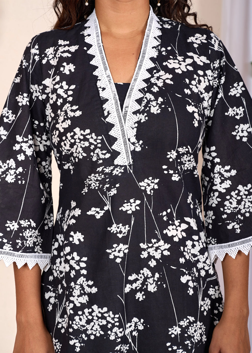 Black Floral Printed Cotton Kurta Set
