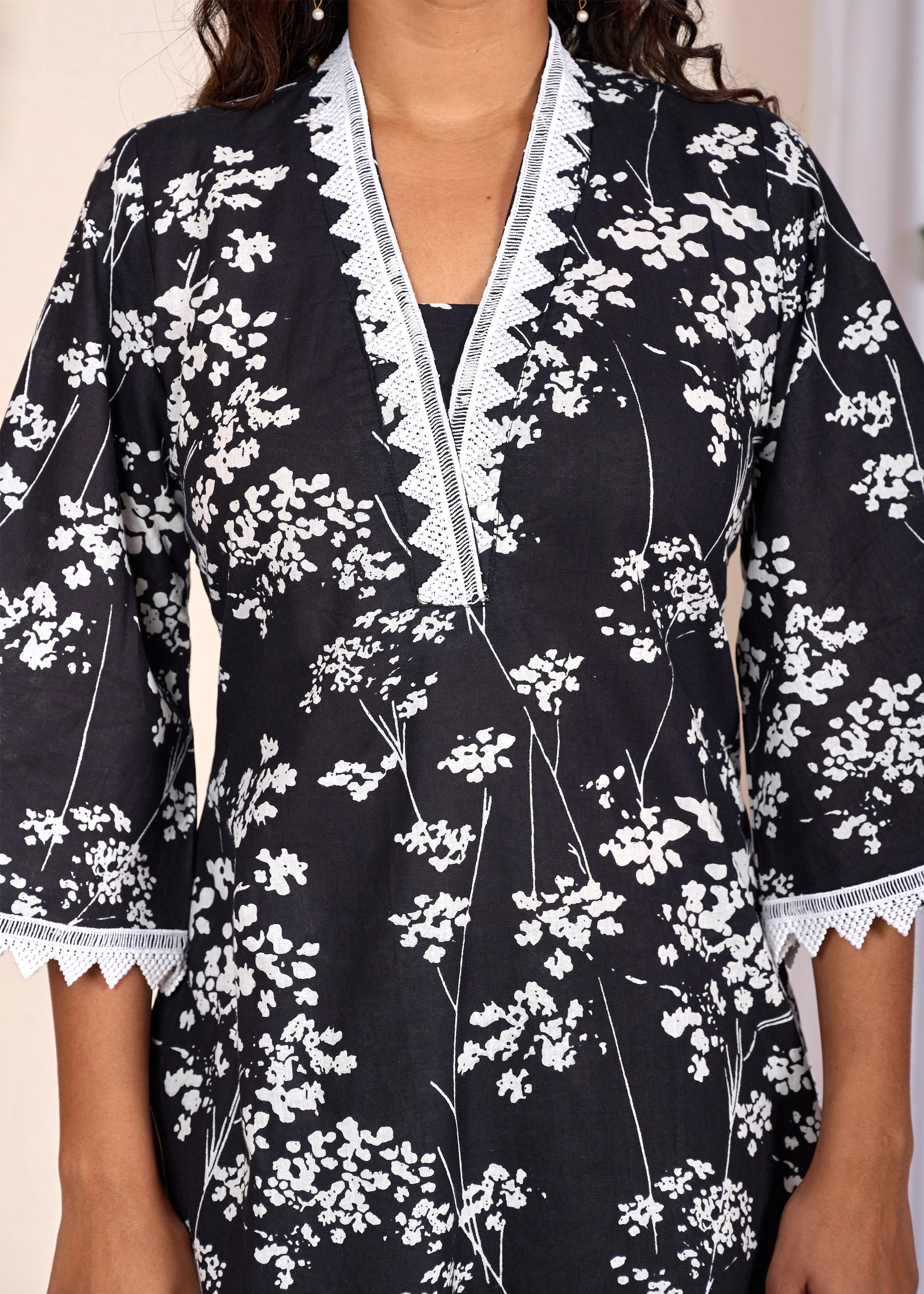 Black Floral Printed Cotton Kurta Set