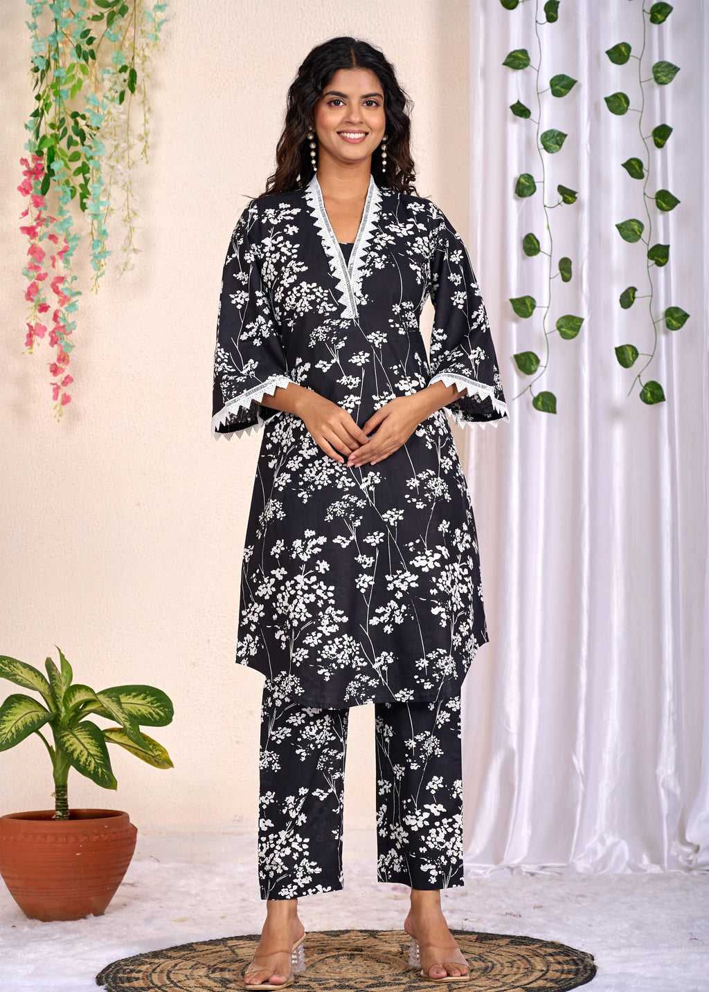 Black Floral Printed Cotton Kurta Set