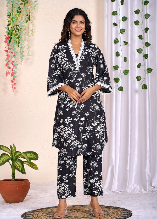 Black Floral Kurta Set