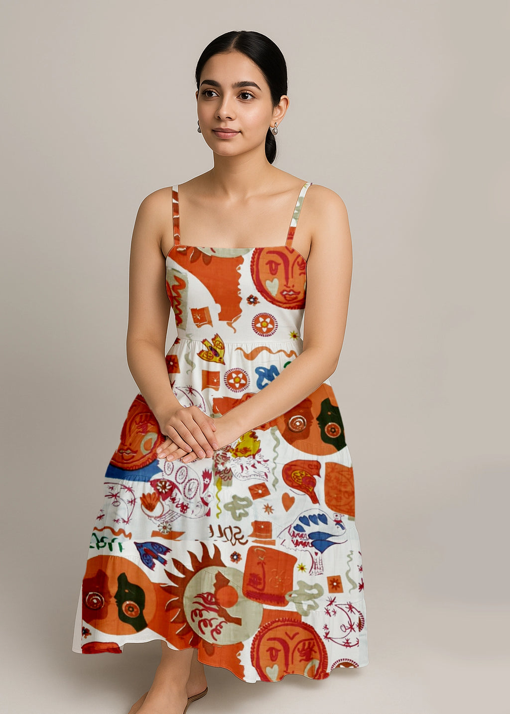 Boho-Multicolor Abstract Print Midi Dress