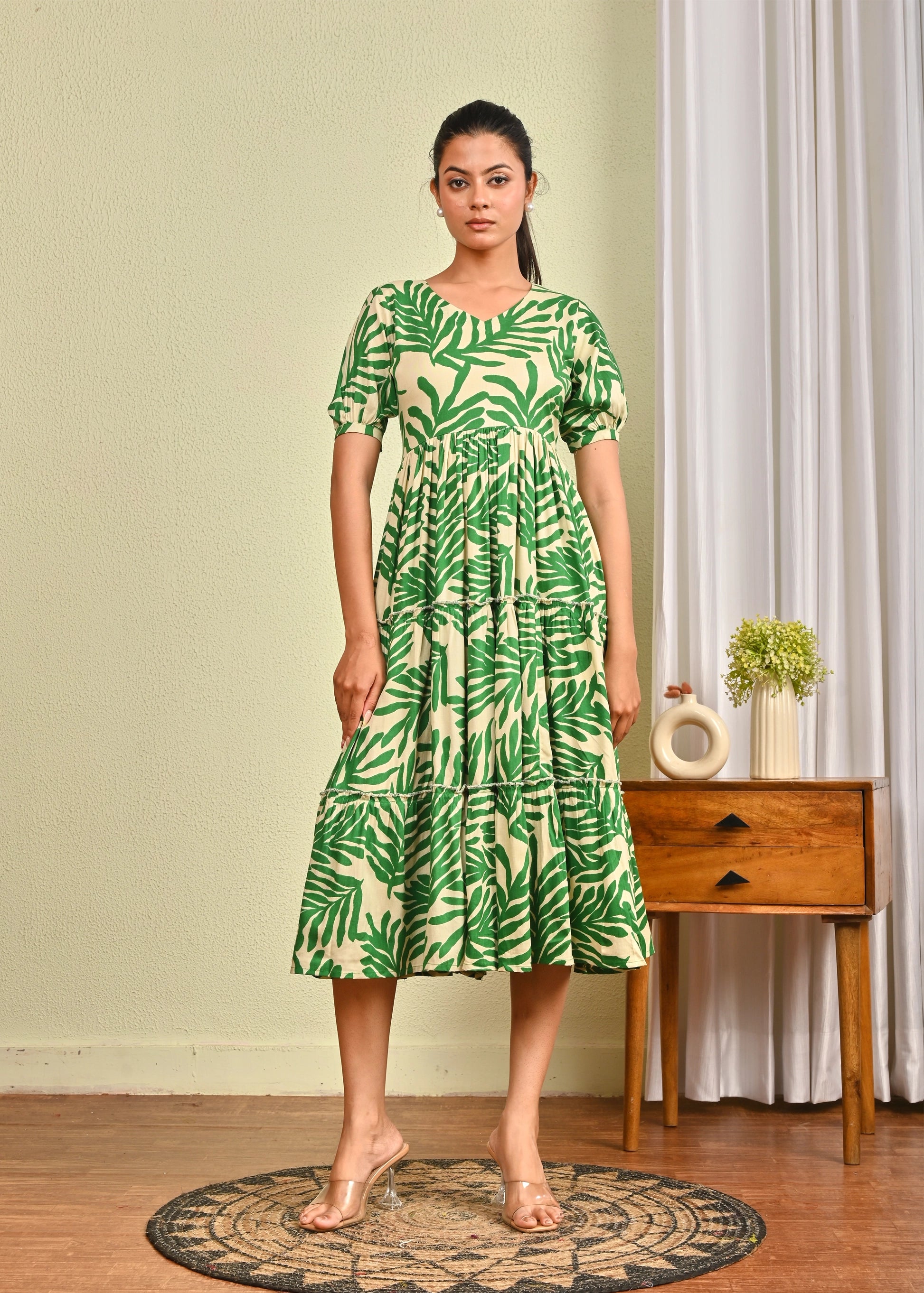 Swinging Green Leaf Print Tiered Dress