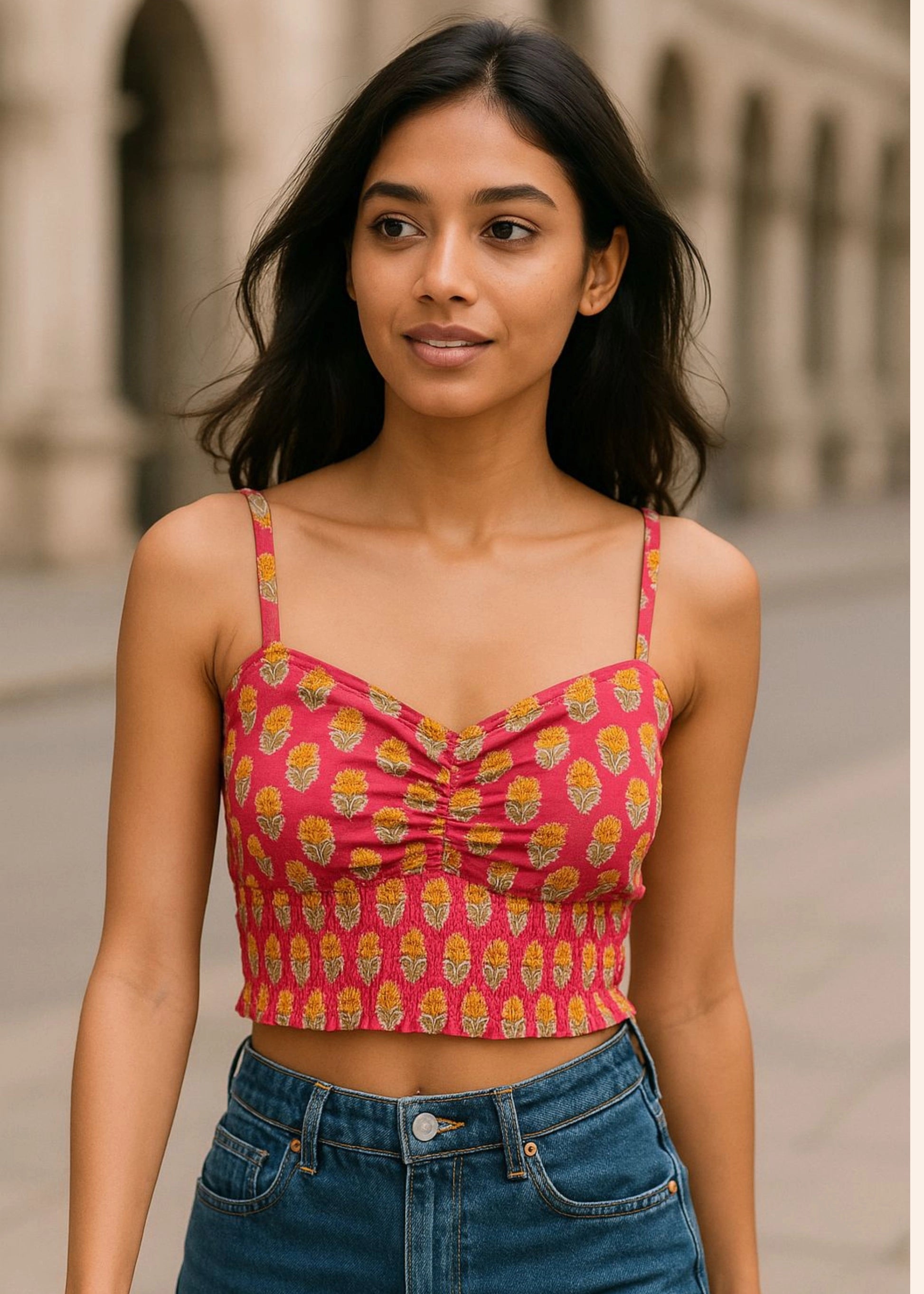 Gulabo Pink Floral Printed Smocked Crop Top