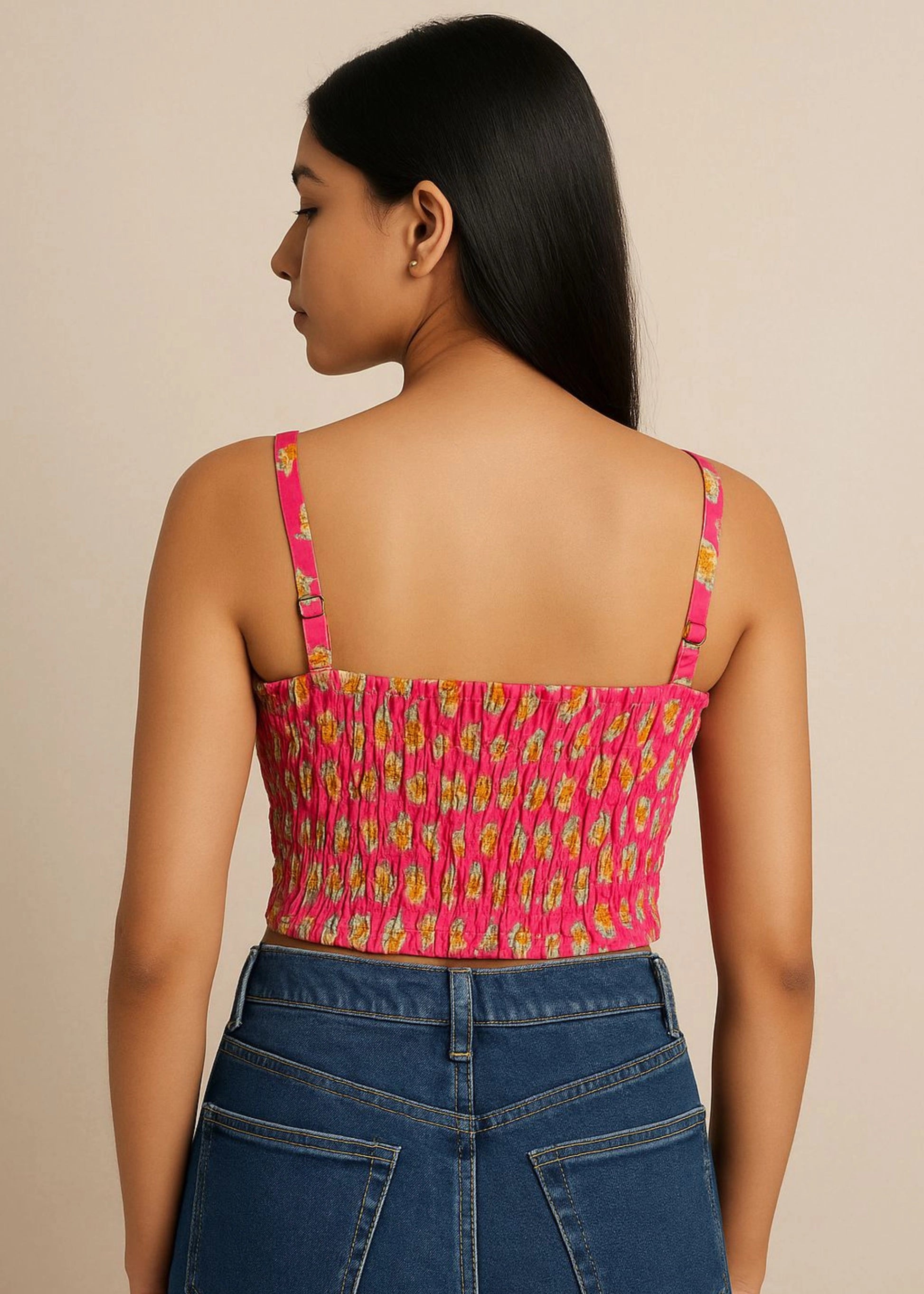 Gulabo Pink Floral Printed Smocked Crop Top