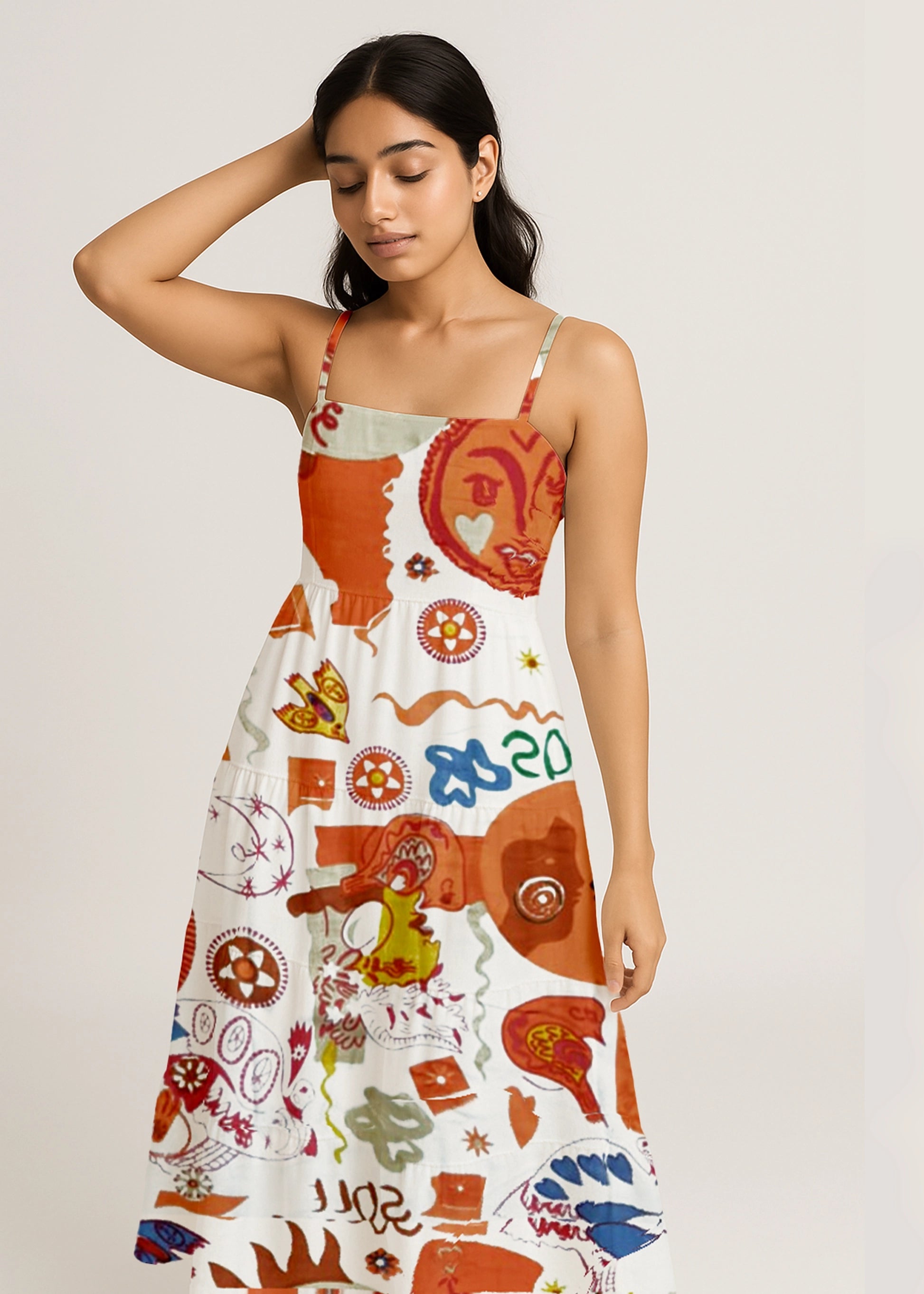 Boho-Multicolor Abstract Print Midi Dress
