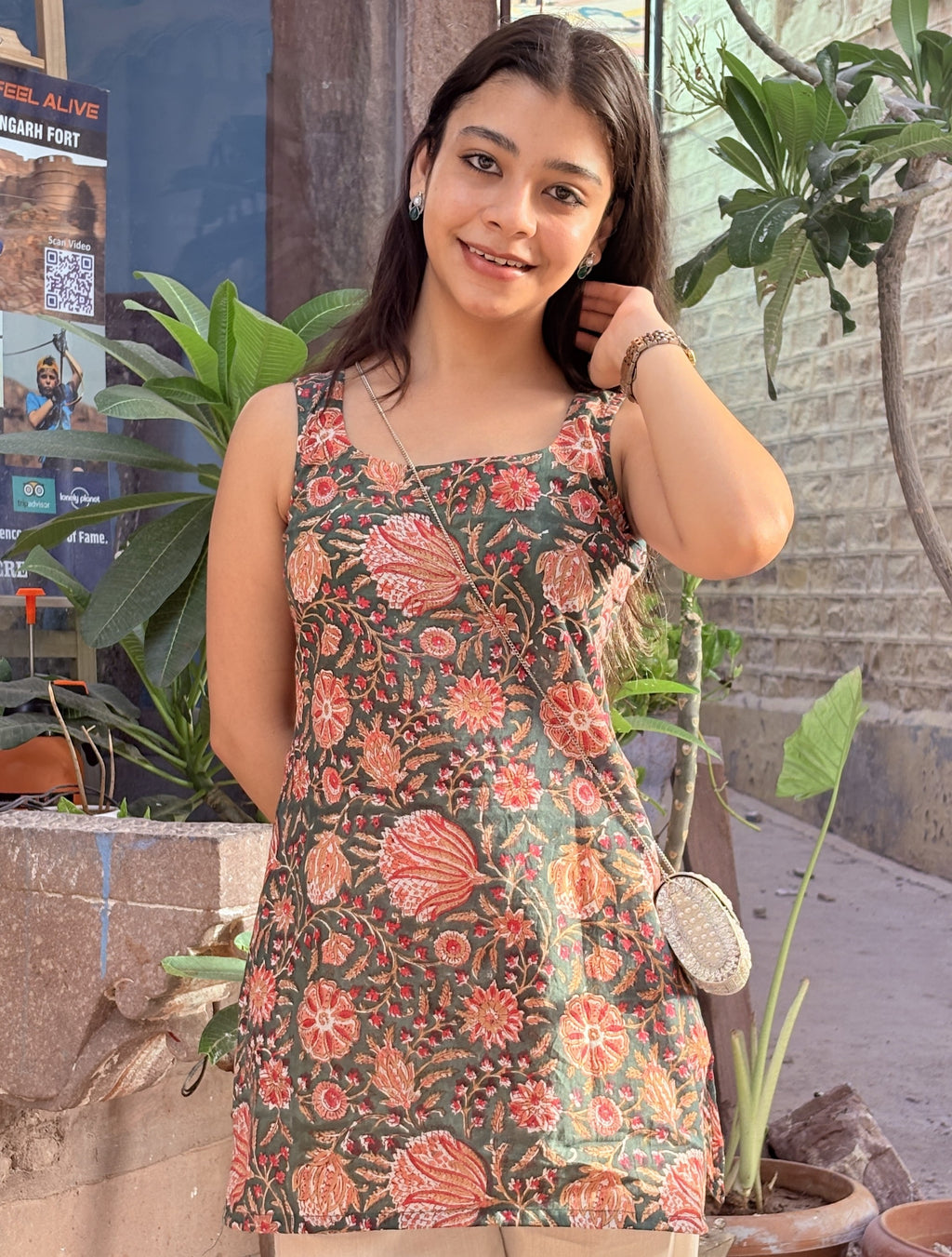 Dark Green Floral Block Premium Cotton Short Kurti