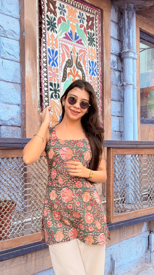 Dark Green Floral Block Premium Cotton Short Kurti