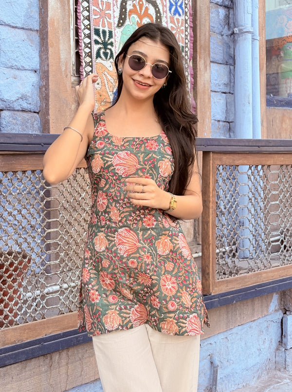 Dark Green Floral Block Premium Cotton Short Kurti