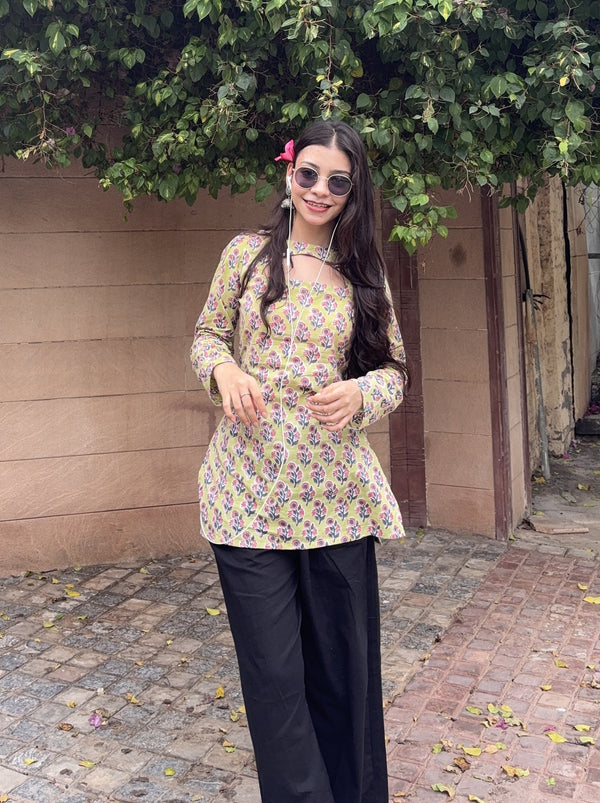 Lime Green with Cut-Out Neck Short Kurti