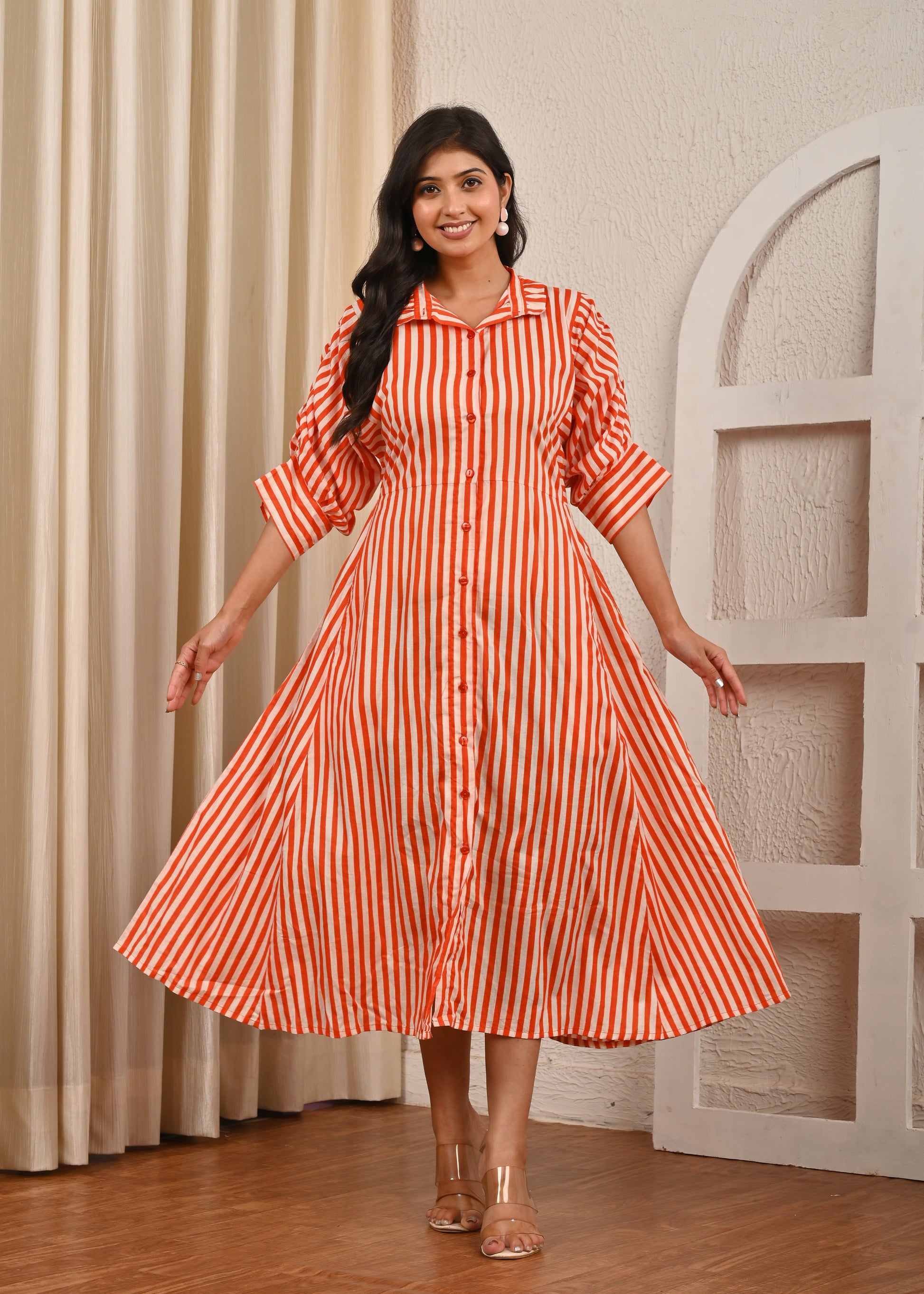 Orange & White Striped Midi Dress