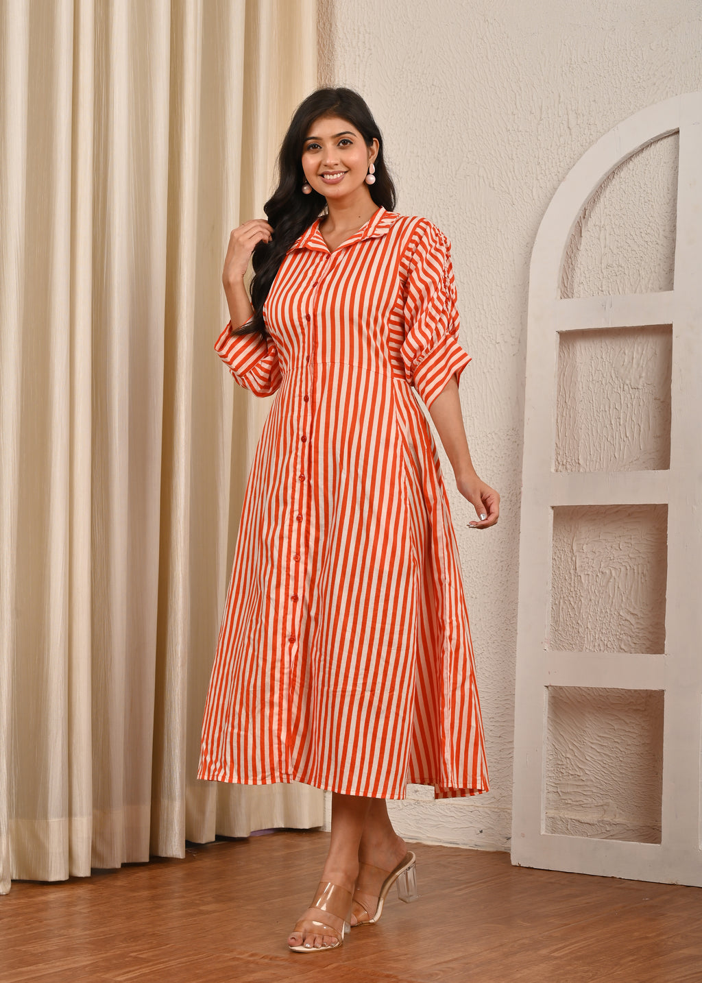 Orange & White Striped Midi Dress