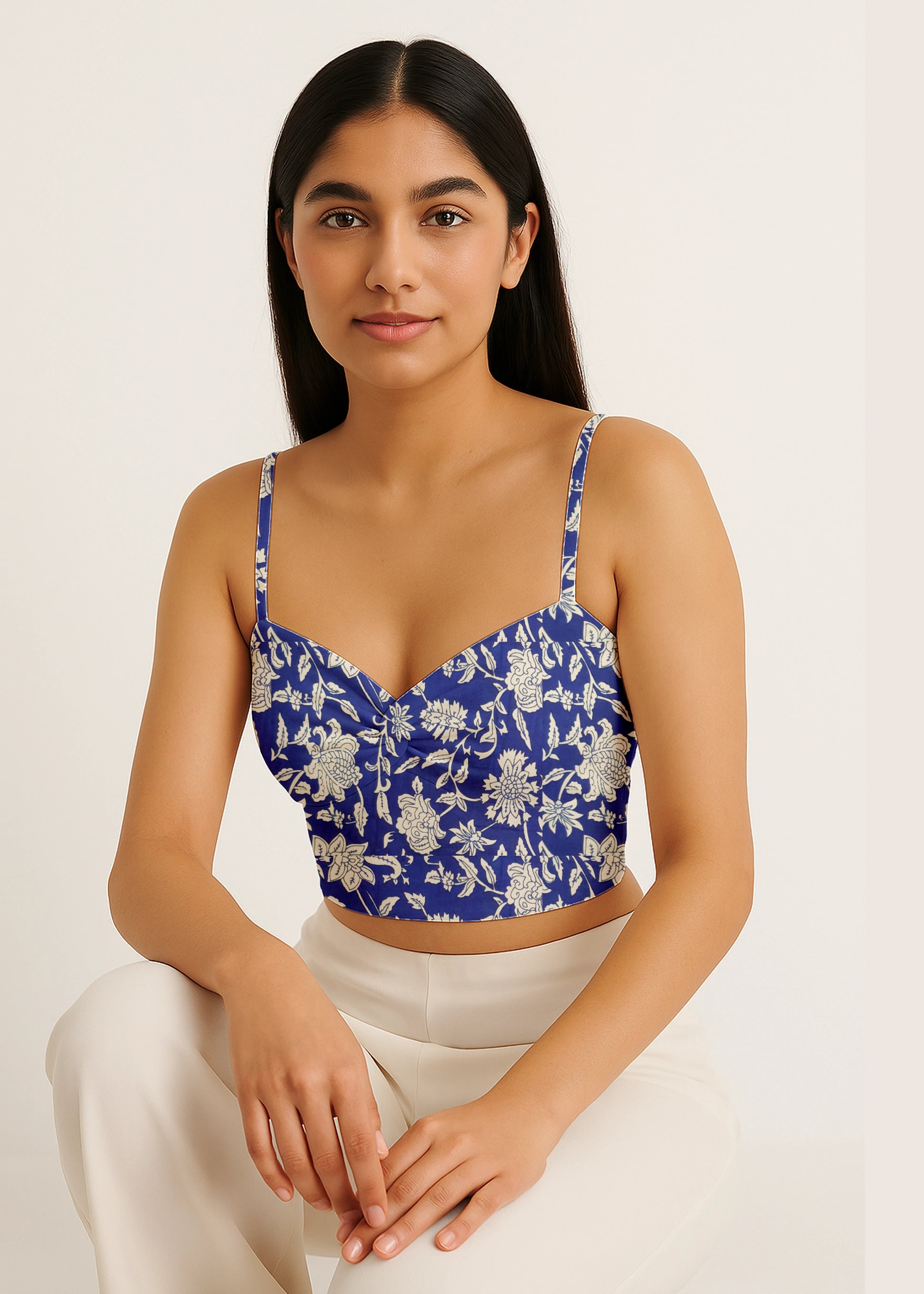 Indigo Blue Floral Print Cotton Crop Top