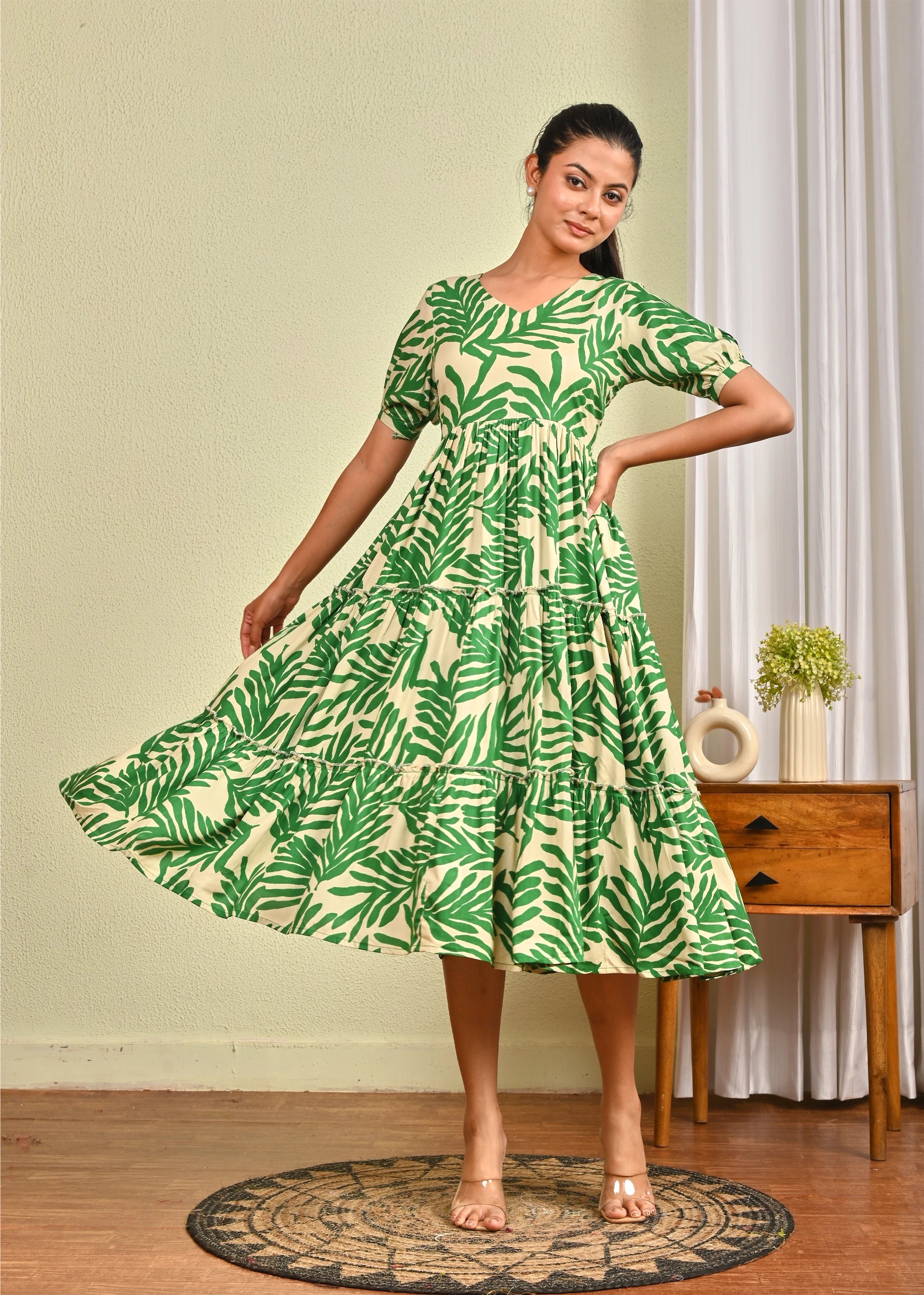 Swinging Green Leaf Print Tiered Dress