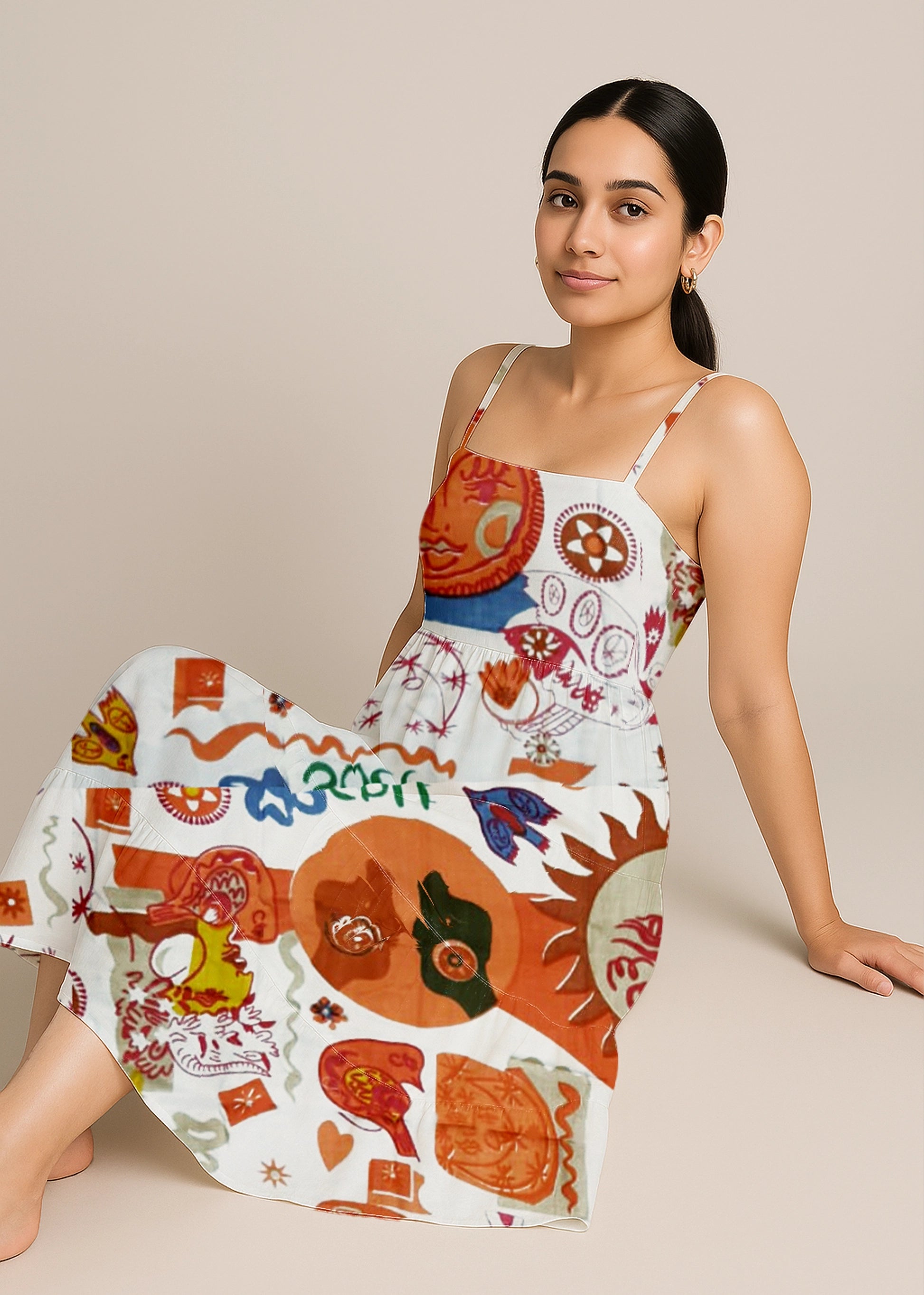 Boho-Multicolor Abstract Print Midi Dress