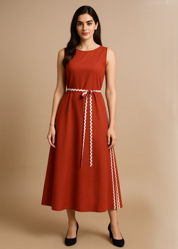 Rust Midi Dress with Belt
